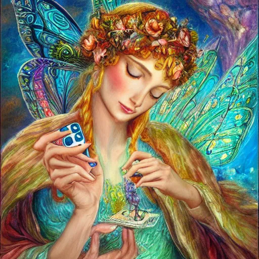 Image similar to a fairy checking her cell phone by senior concept artist josephine wall, acrylic on canvas, intricately detailed, high resolution trending on artstation