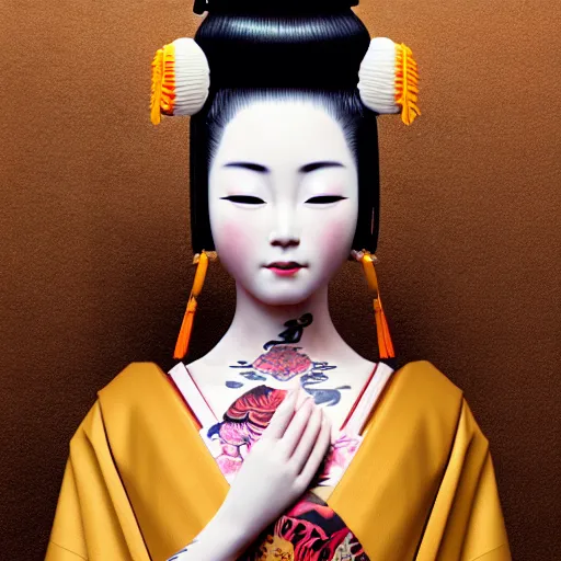 Image similar to an android geisha in a lotus position wearing a flowing kimono and tattoos, octane render, unreal engine, 8 k, cinematic, artwork by ilya kuvshinov