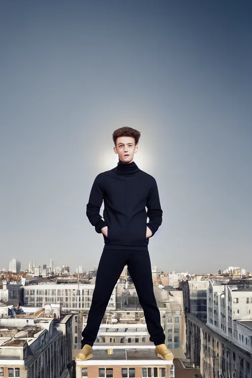 Image similar to un ultra high definition studio quality photographic art portrait of a young man standing on the rooftop of a british apartment building wearing soft padded silver pearlescent clothing. three point light. extremely detailed. golden ratio, ray tracing, volumetric light, shallow depth of field. set dressed.