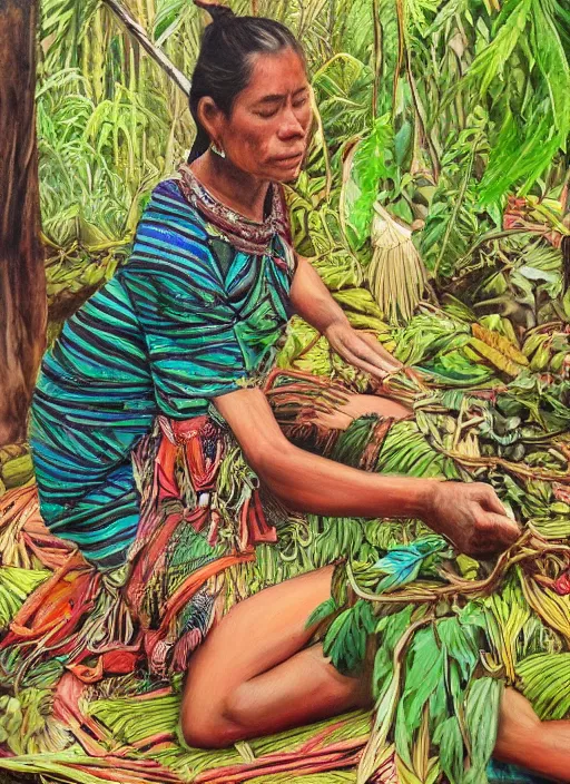 Prompt: a beautiful painting of an indigenous female doing crafting of a beautiful fabric in the jungle, realistic face and body, ayahuasca, trending on deviant art