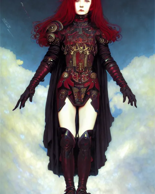 Image similar to portrait of beautiful cute young goth maiden girl with red hair in warhammer armor, art by ( ( ( kuvshinov ilya ) ) ) and wayne barlowe and gustav klimt and artgerm and wlop and william - adolphe bouguereau