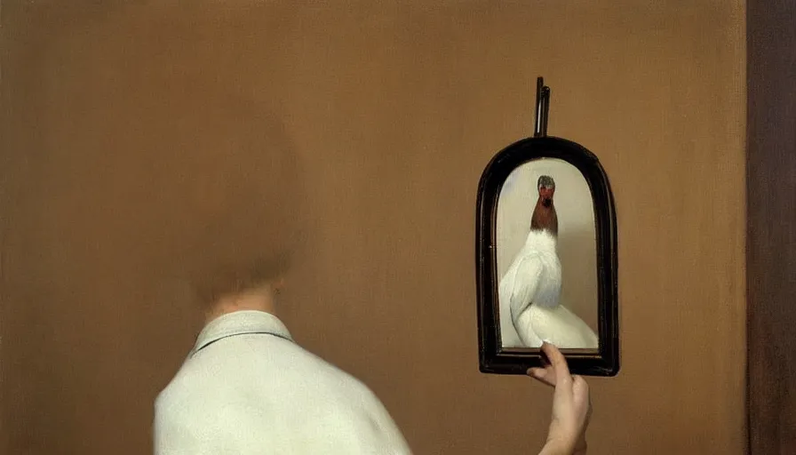 Image similar to painting by borremans, bird in front of the mirror, detailed, stunning