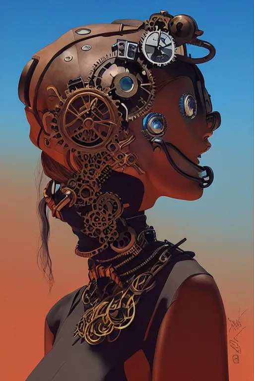 Image similar to sideview face portrait of a steampunk desert empress. by vincent di fate, james jean, dom qwek. inspired by igor goryunov andrei riabovitchev. art by paul lewin. madmax aesthetics. atmospherical, photorealistic retrofuturist concept art, trending on art station, cinematic, ultra detailed