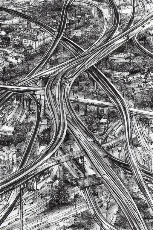 Prompt: The world's most intricate and detailed drawing of a highway intersection after world War , by Kim Jung GI. HD.