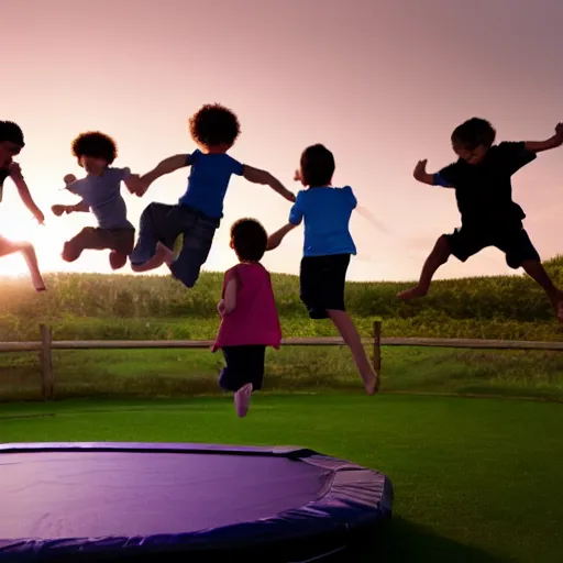 Image similar to children jumping on a trampoline, hyper realistic, amazing, natural lighting