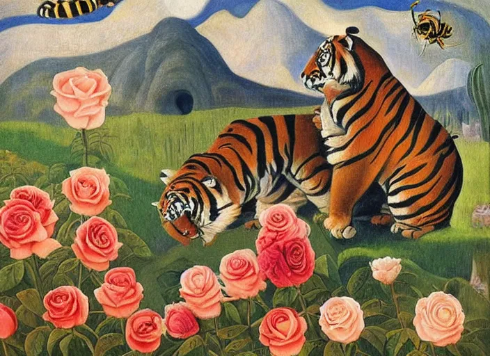 Image similar to An surreal oil painting of a two tigers next to an ancient temple, background of roses, by William Zorach, symbolist, small bumble bees, soft colors, dramatic lighting, smooth, sharp focus, extremely detailed, aesthetically pleasing composition