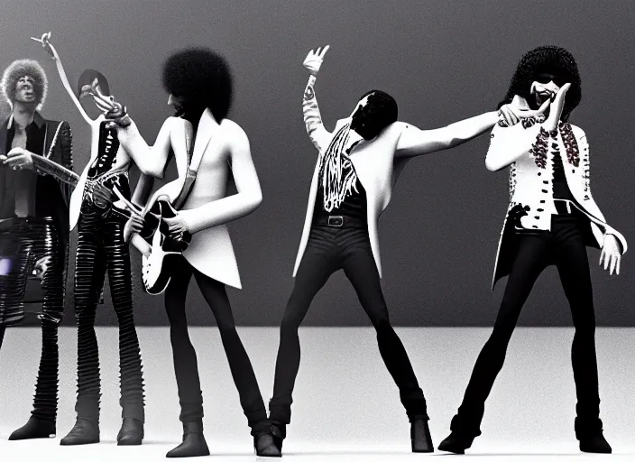 Image similar to david bowie, john lennon, freddy mercury and jimi hendrix on stage together, 8 k 3 d octane render,