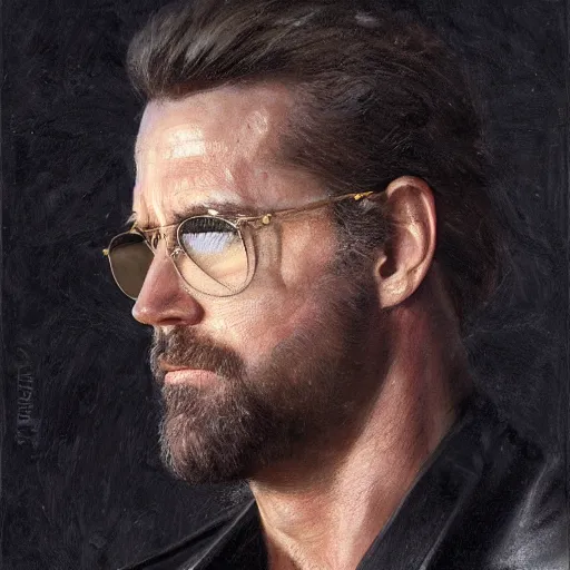 Prompt: detailed realistic cinematic wide shot of beautiful attractive muscular joe biden with beard long hair gold chain wearing black leather jacket and sunglasses clothes slim face symettrical face clean skin black eyes black robe smooth, sharp focus, ultra realistic, spring light, painting by gaston bussiere, craig mullins, j. c. leyendecker