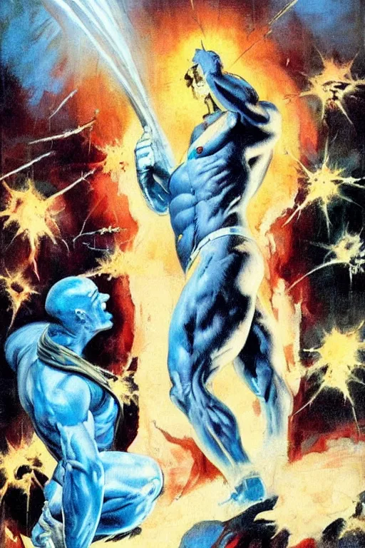 Image similar to painting by Frank Frazetta!!! of as Dr. Manhattan in Watchmen