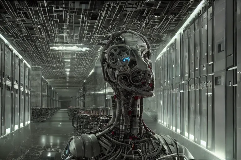 Image similar to extremely detailed cinematic movie still 3 0 7 7 portrait shot of a robot in an endless data centre by denis villeneuve, wayne barlowe, simon birch, philippe druillet, beeple, foggy, volumetric sunlight from small windows