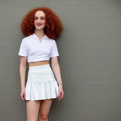 Prompt: 2 0 years old skinny curly ginger hair gabriella papadakis, neck wrinkles, wearing white skirt, blueshirt and white panty hose