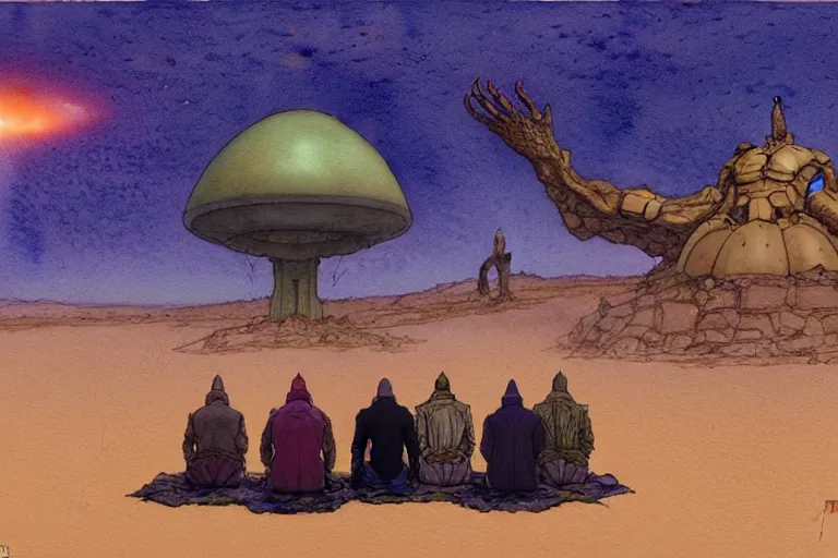 Image similar to a hyperrealist watercolour character concept art portrait of a group of middle eastern men kneeling down in prayer in front of a giant alien on a misty night in the desert. a ufo is in the background. by rebecca guay, michael kaluta, charles vess and jean moebius giraud