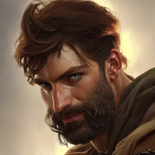 Image similar to Portrait of rugged male ranger, D&D, amber eyes, face, long hair, muscular, fantasy, intricate, elegant, highly detailed, digital painting, artstation, concept art, smooth, sharp focus, illustration, art by artgerm and greg rutkowski and alphonse mucha