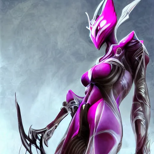 Image similar to shrunken pov from the floor, looking up, at a giant, highly detailed, exquisite and beautiful stunning female warframe, standing elegantly, unaware of your tiny existence, off-white plated armor, slick elegant design, bright Fuchsia skin, sharp claws, close full body shot, epic cinematic shot, realistic, professional digital art, high end digital art, DeviantArt, artstation, Furaffinity, 8k HD render, epic lighting, depth of field