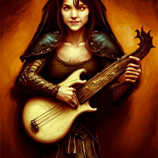 Image similar to Bard rocking out with a guitar in a medieval pub, female, fantasy, arcane glow, druidic runes, dramatic, intricate, sly smile, human face, fox ears, elegant, highly detailed, digital painting, artstation, concept art, smooth, sharp focus, illustration, octane render, art by Leesha Hannigan, Ross Tran, Thierry Doizon, Kai Carpenter, Ignacio Fernández Ríos