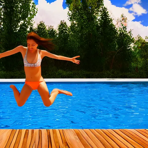 Prompt: Jumping into a pool POV. High resolution. Highly detailed. Art station. 8k