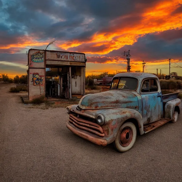 Image similar to a sunset light landscape with historical route 6 6, lots of sparkling details and sun ray ’ s, blinding backlight, smoke, volumetric lighting, colorful, octane, 3 5 mm, abandoned gas station, old rusty pickup - truck, beautiful epic colored reflections, very colorful heavenly, softlight