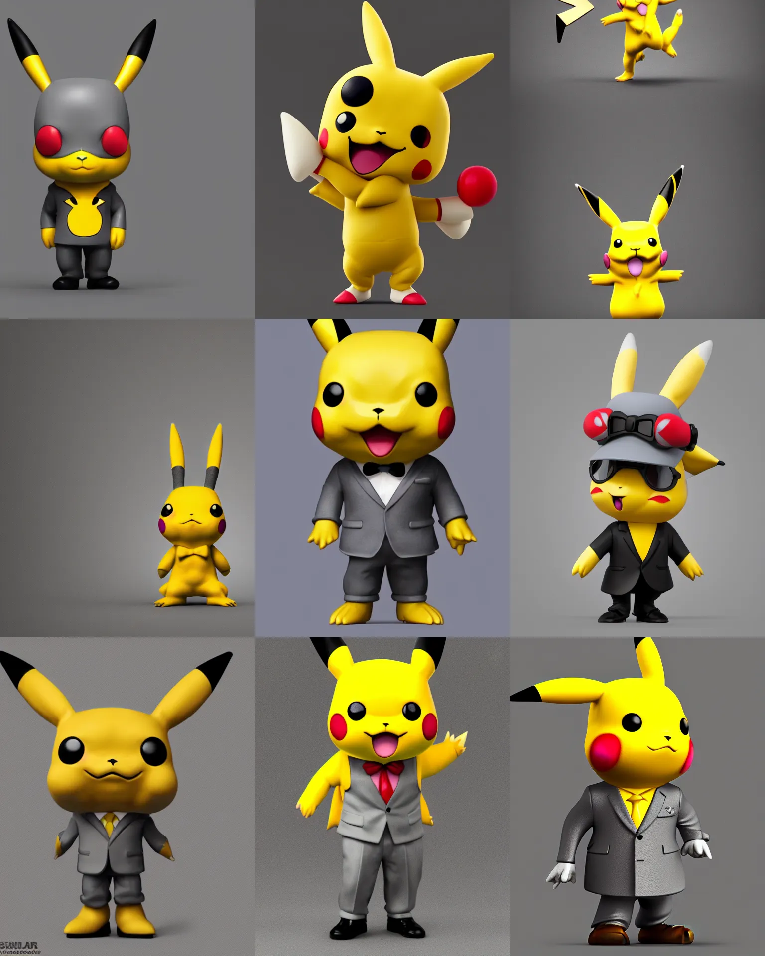 Prompt: full body 3 d render of stylish pikachu in suit as a funko pop!, studio lighting, grey background, single body, no shadow, blender, trending on artstation, 8 k, highly detailed