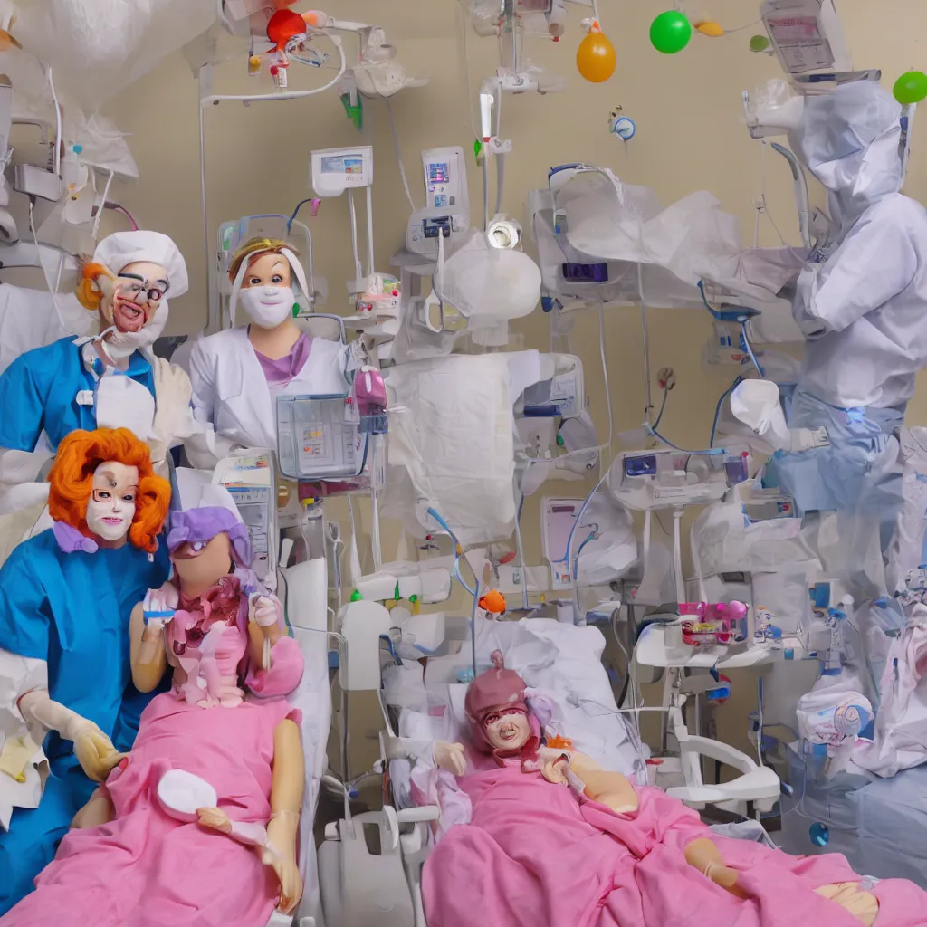 Image similar to photo of a happy patient and doctor or nurse in a hospital room made out of soft candy, candy hospital equipment, candy hospital room, candy treatments, oompa loompa virus, willy wonka pandemic