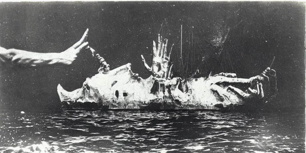 Image similar to a boat being grabbed by a giant underwater hand, 1 9 0 0 s photograph