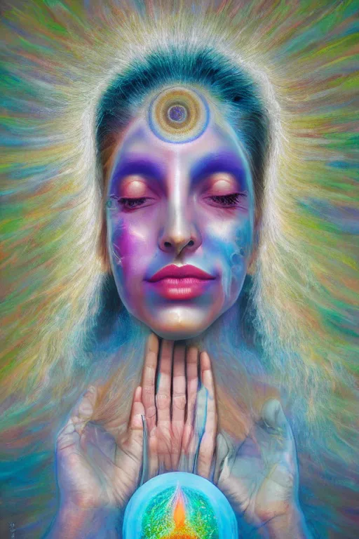 Image similar to transcendental meditation cult woman, opening third eye, chakra energy waves resonating from her body, ethereal aura, epic surrealism 8k oil painting, portrait, perspective, high definition, post modernist layering, by Peter Kemp