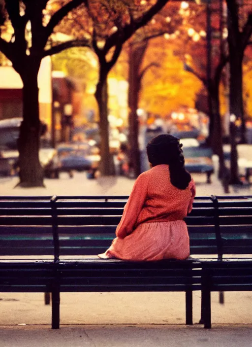 Image similar to a 35mm photograph of a woman sitting on a bench in Harlem, New York City in the 1960's at sunset, bokeh, Canon 50mm, cinematic lighting, photography, retro, film, Kodachrome, award-winning, rule of thirds, golden hour