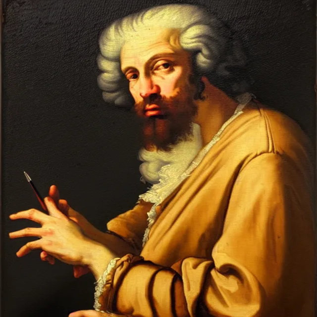 Prompt: baroque portrait painting of disheveled pensive nobleman sorcerer painter