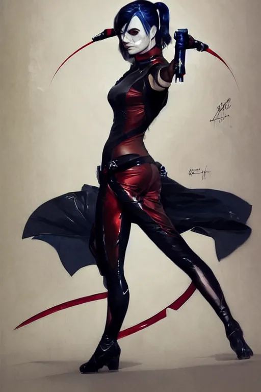 Image similar to elegant harley quinn high fashion gown aeon flux profile picture by greg rutkowski, dynamic pose, intricate, futuristic, fantasy, elegant, by stanley artgerm lau, greg rutkowski, thomas kindkade, alphonse mucha, loish, thierry mugler, norman rockwell,