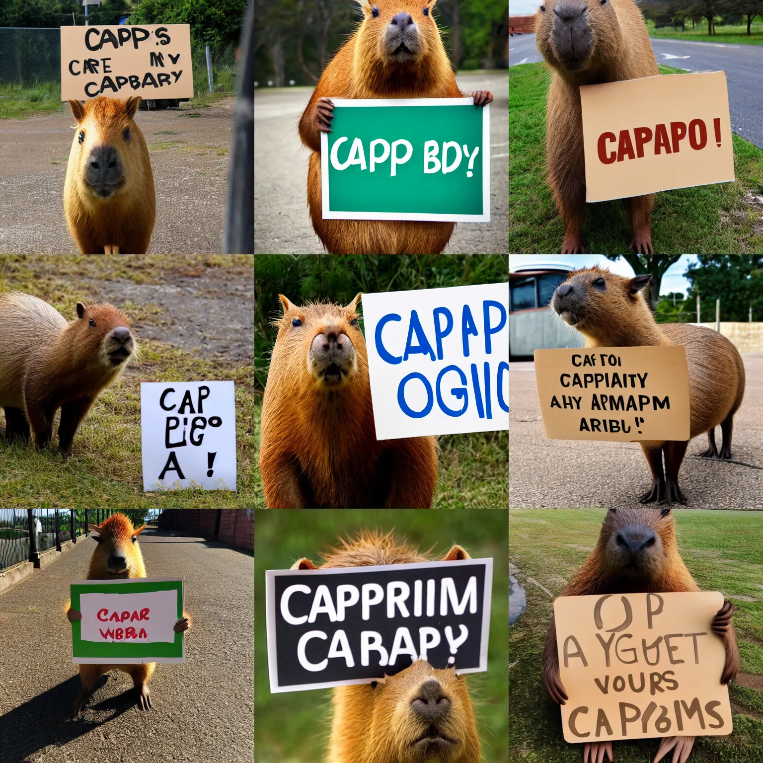Image similar to realistic high quality photo of a capybara holding a sign with text that reads : capybara