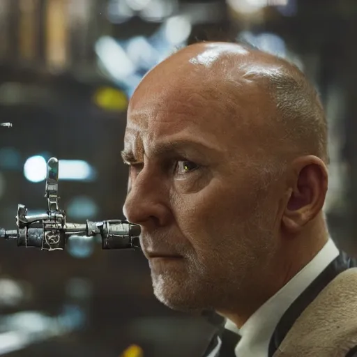 Image similar to balding older cyborg using jeweller's loupe with orange led light, inspecting intricate gun made from rusted cutlery, smoking soldering iron, dark messy cluttered workshop, dark, dramatic lighting, cinematic, highly detailed, sci - fi, futuristic, movie still from blade runner