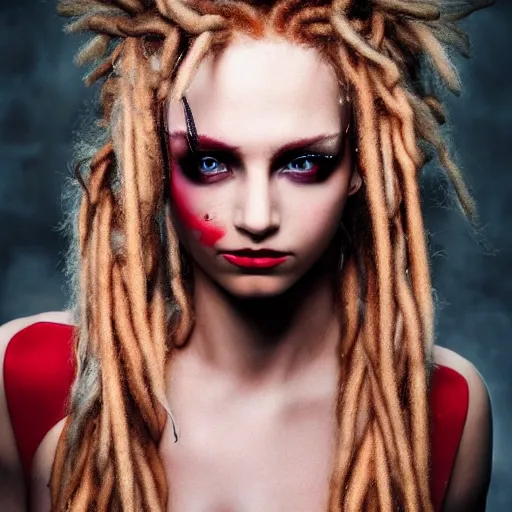 Image similar to a flawless female beauty with blonde and red dreadlocks inspired by luis royo, dark dramatic lighting photography