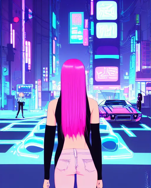 Image similar to digital illustration of cyberpunk pretty girl with pink hair, standing by a blue ford gt in a street at night, under streetlights, by makoto shinkai, ilya kuvshinov, lois van baarle, rossdraws, basquiat