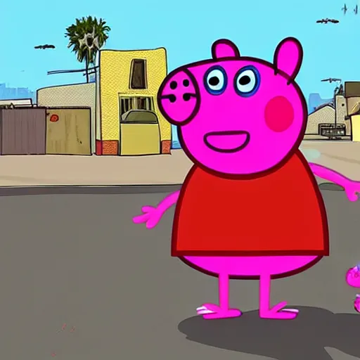 Image similar to illustration gta 5 artwork of peppa pig, in the style of gta 5 loading screen, by stephen bliss