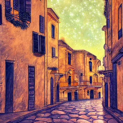 Prompt: romantic drawing of modica by night, old italian town, many city lights in the night, full moon, beautiful stars, deep under the sea, tropical fishes, amazing shadows, beautiful render, astounding details, high definition, pixar movie