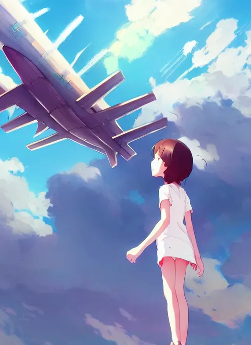 Prompt: girl stand on the playground, see a plane falling down towards the ground, view from below, illustration concept art anime key visual trending pixiv fanbox by wlop and greg rutkowski and makoto shinkai and studio ghibli