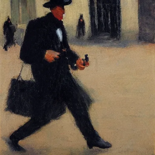Prompt: the man in black and a revolver in hand walking around a city, impressionist painting