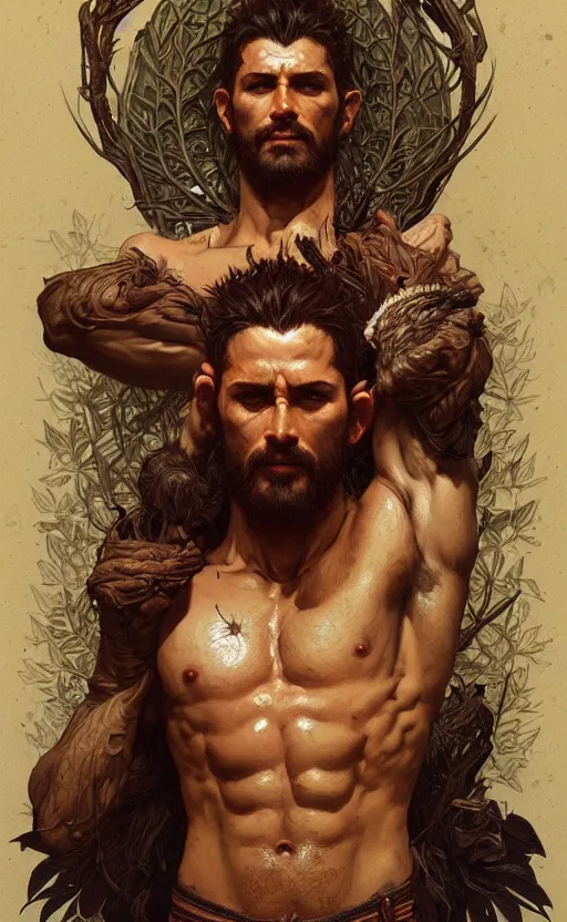 Image similar to god of the forest, 3 0 years old, rugged, male, gorgeous, detailed face, amazing, thighs, ottoman, muscular, intricate, highly detailed, digital painting, artstation, concept art, sharp focus, illustration, art by greg rutkowski and alphonse mucha