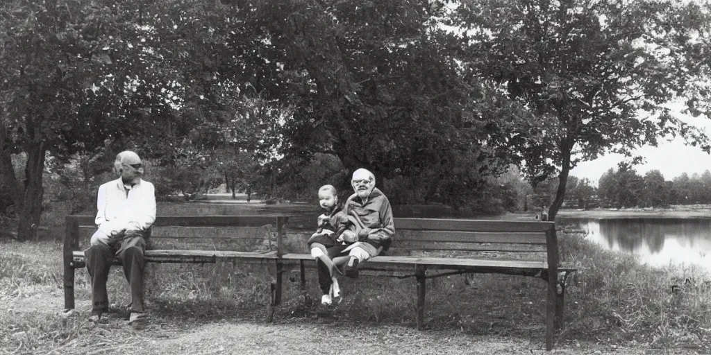 Prompt: an old therapist with glasses and his young patient sitting on a bench beside a lake