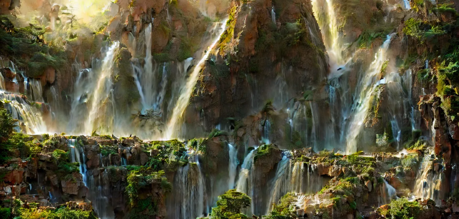 Image similar to beautiful big house waterfall flows down from the mountain, octane render, fabulous, hyper detailed, random cinematic view, no noise, global illumination, warm lighting, volumetric, godrays, vivid, beautiful, by jordan grimmer