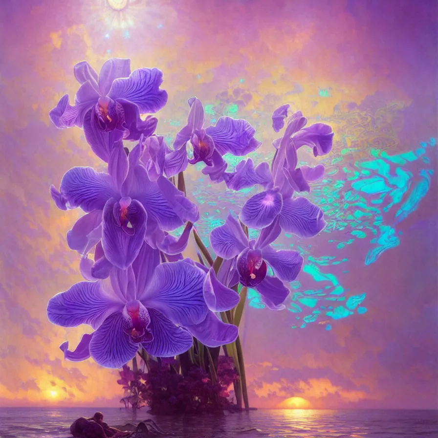 Image similar to detailed giant pastel holographic orchid iris hybrid flower surrounded by ocean waves, lsd water, lsd ripples, droplets, backlit, sunset, refracted lighting, art by collier, albert aublet, krenz cushart, artem demura, alphonse mucha