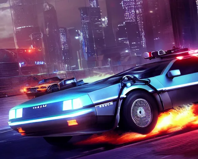 Image similar to photo of a vehicle concept design delorean being chased by police on wet cyberpunk city streets at night, rocket league tank, mad max, action, speed, volumetric lighting, hdr, gta 5, makoto shinkai, syd mead, borderlands, fast and furious, octane, 8 k