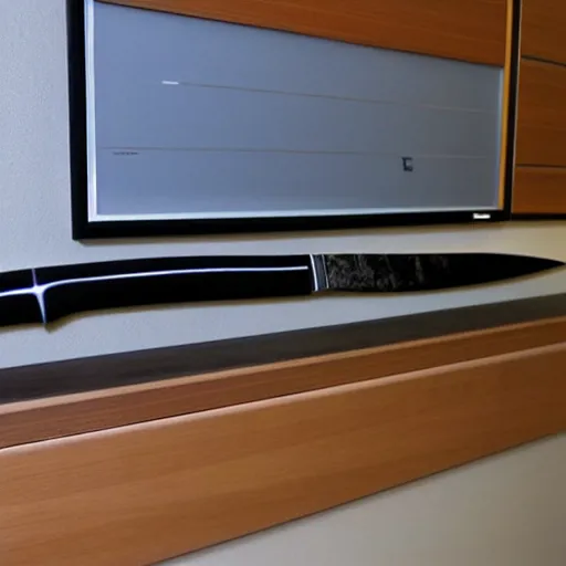 Image similar to very long knife inserted into a flat screen tv, photorealistic