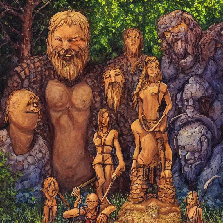 Prompt: a beautiful painting in the style of larry elmore of a stone golem standing center frame with his mystical friends at summer camp