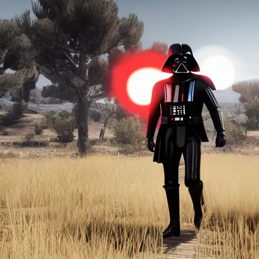 Image similar to Film still of Darth Vader, from Red Dead Redemption (2018 video game)