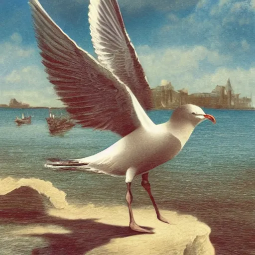 Image similar to a man riding a seagull into battle, anime