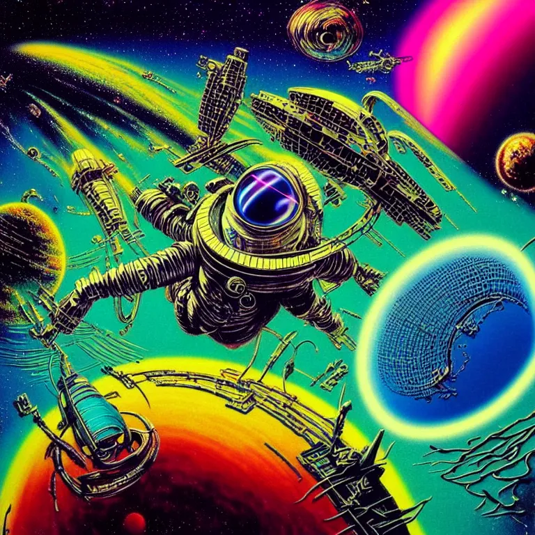 Image similar to astronaut hovering over infinite blackhole, quantum waves, synthwave, bright neon colors, highly detailed, cinematic, tim white, philippe druillet, roger dean, ernst haeckel, lisa frank, michael whelan, kubrick, kimura, isono