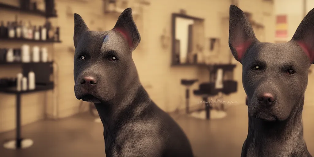 Image similar to portrait of a dog with mohawk haircut in a hairdresser, digital art, unreal engine