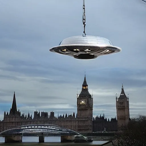 Prompt: an alien spacecraft hanging menacingly over London, photo