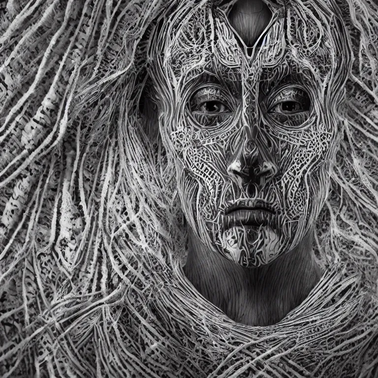 Image similar to surreal spinal ribbed tribal exotic organic face portrait of a beautiful cult member wearing occult, beautiful detailed intricate insanely detailed BW 3D render digital art, octane render, 8K artistic photography, photorealistic