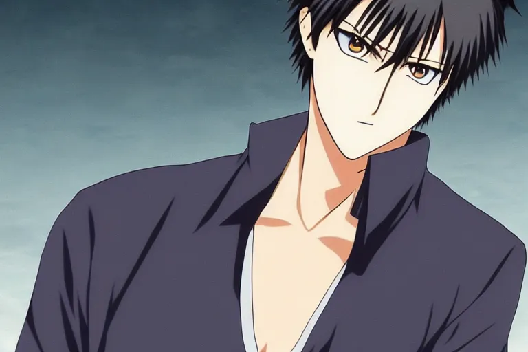 Prompt: A handsome man，Black short hair, blue eyes, Hijikata Toushirou of Gintama, Kyoto Animation